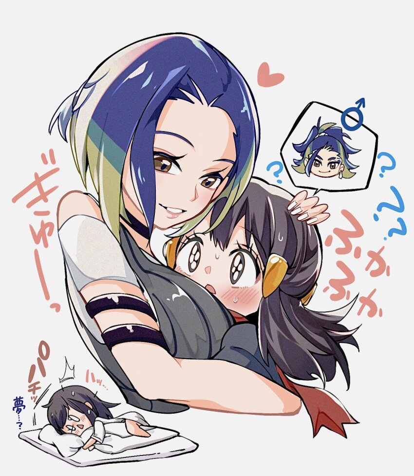 1boy 2girls ? adaman_(pokemon) akari_(pokemon) armband bare_shoulders between_breasts black_armband black_choker blue_hair blush bob_cut breasts brown_eyes chibi chibi_inset choker cocoa_s3 creatures_(company) crop_top cropped_arms cropped_torso earrings eyebrow_cut galaxy_expedition_team_survey_corps_uniform game_freak gradient_hair grey_eyes grey_shirt hair_between_eyes hand_on_another&#039;s_head head_between_breasts head_only highres hug jewelry long_hair loose_hair_strand medium_breasts multicolored_hair multiple_girls nintendo off-shoulder_shirt off_shoulder on_blanket perrin_(pokemon) pokemon pokemon_legends:_arceus pokemon_sv ponytail red_scarf related ribbed_shirt scarf shirt short_hair sidelocks sleeveless sleeveless_shirt smile sweatdrop undershirt v-neck white_nails