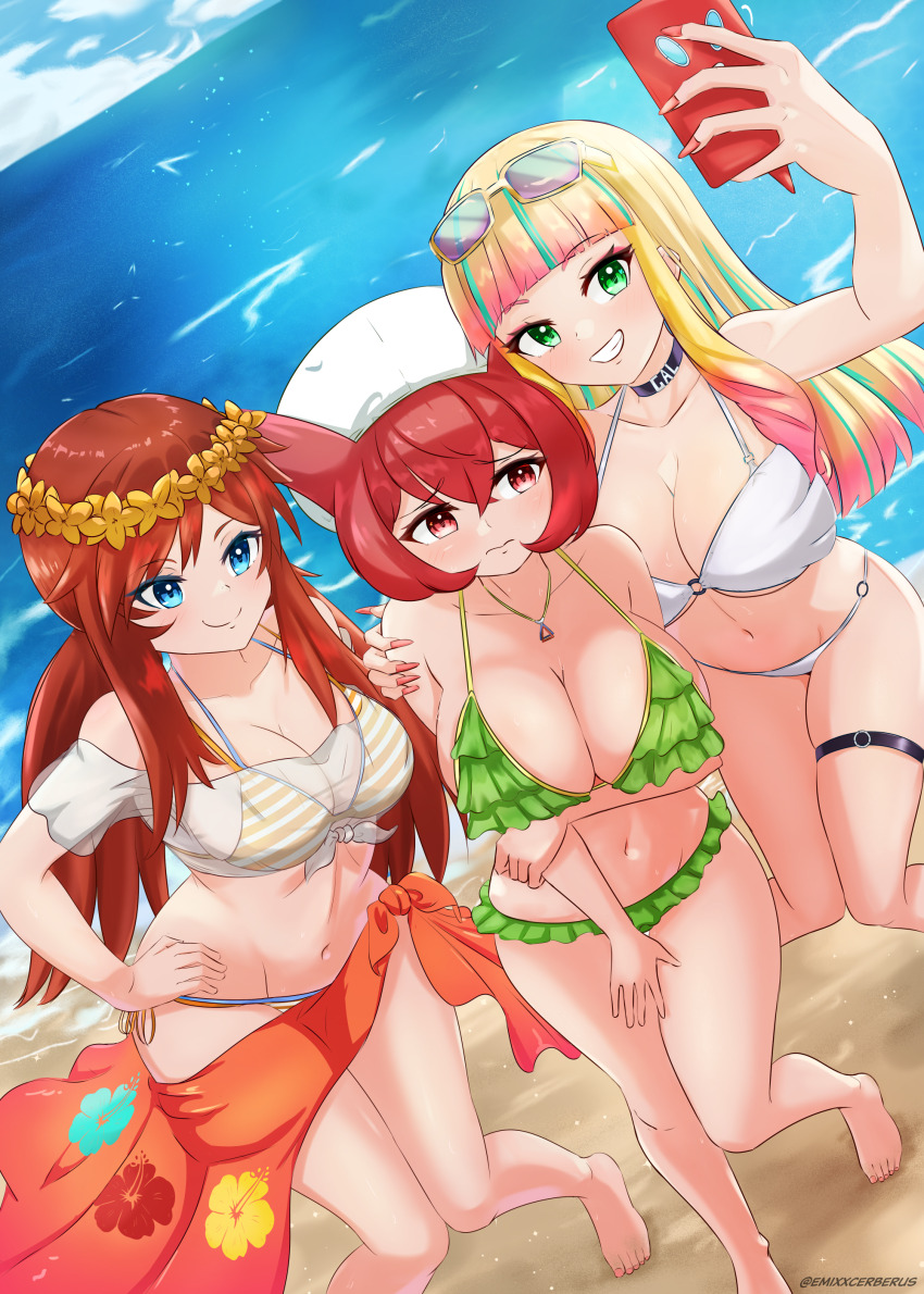 3girls absurdres aqua_hair artist_name beach bianca_(pokemon_heroes) bikini black_choker blonde_hair blue_eyes blunt_bangs breasts brown_hair choker cleavage cloud cloudy_sky creatures_(company) day emixxart eyewear_on_head fingernails flower frilled_bikini frills game_freak gen_4_pokemon green_bikini green_eyes hair_between_eyes hat head_wreath highres holding holding_phone in-franchise_crossover jewelry large_breasts long_fingernails long_hair melody_(pokemon) multicolored_hair multiple_girls nail_polish navel necklace nintendo ocean outdoors phone pink_hair pokemon pokemon_(anime) pokemon_(classic_anime) pokemon_heroes:_latios_&amp;_latias pokemon_the_movie:_the_power_of_us pokemon_the_movie_2000:_the_power_of_one red_eyes red_hair red_nails risa_(pokemon) rotom rotom_phone sand side-tie_bikini_bottom sky striped_bikini striped_clothes sunglasses swimsuit water white_bikini