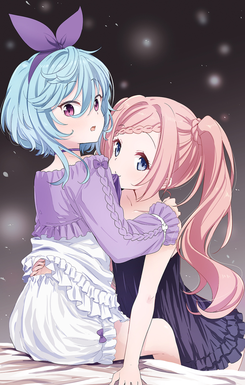 2girls :o abe_kanari bare_arms black_dress blue_eyes blue_hair bow bow_hairband braid braided_bangs champe_(lapis_re:lights) choker closed_mouth clothes_in_mouth collarbone diagonal_bangs dress frilled_dress frilled_shirt frilled_shorts frilled_sleeves frills from_side gradient_background grey_background hair_between_eyes hairband hand_on_another&#039;s_back hand_on_another&#039;s_shoulder lapis_re:lights light_blue_hair long_hair long_sleeves looking_at_viewer maryberry_(lapis_re:lights) mouth_hold multiple_girls open_mouth pink_bow pink_eyes pink_hair purple_choker purple_hairband purple_shirt shirt short_dress short_hair_with_long_locks shorts side_ponytail sidelocks sideways_glance sitting smile swept_bangs white_shorts