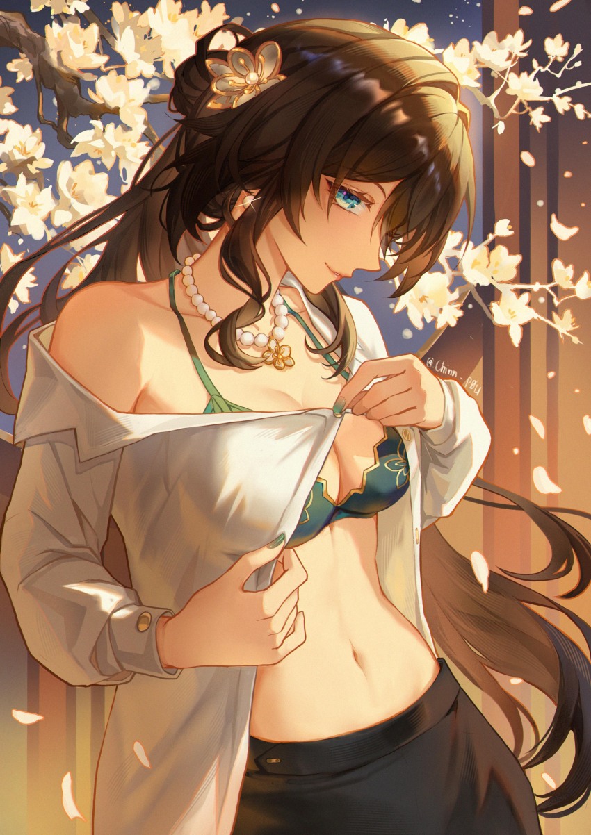 1girl absurdres aqua_bra bead_necklace beads black_hair black_skirt blue_eyes bra chinnpou highres honkai:_star_rail honkai_(series) jewelry long_hair long_sleeves looking_at_viewer navel necklace ruan_mei_(honkai:_star_rail) shirt single_bare_shoulder skirt smile solo stomach underwear very_long_hair white_shirt