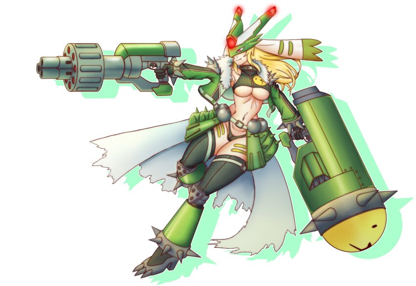 1girl aiming armor asymmetrical_dual_wielding beelstarmon blonde_hair bracelet breasts cannon commission digimon dual_wielding falcon_(burbdoodles) full_body fur_trim fusion green_jacket highres holding jacket jewelry large_breasts long_hair mask navel red_eyes saintgalgomon smile solo spiked_bracelet spikes thighhighs thong underboob