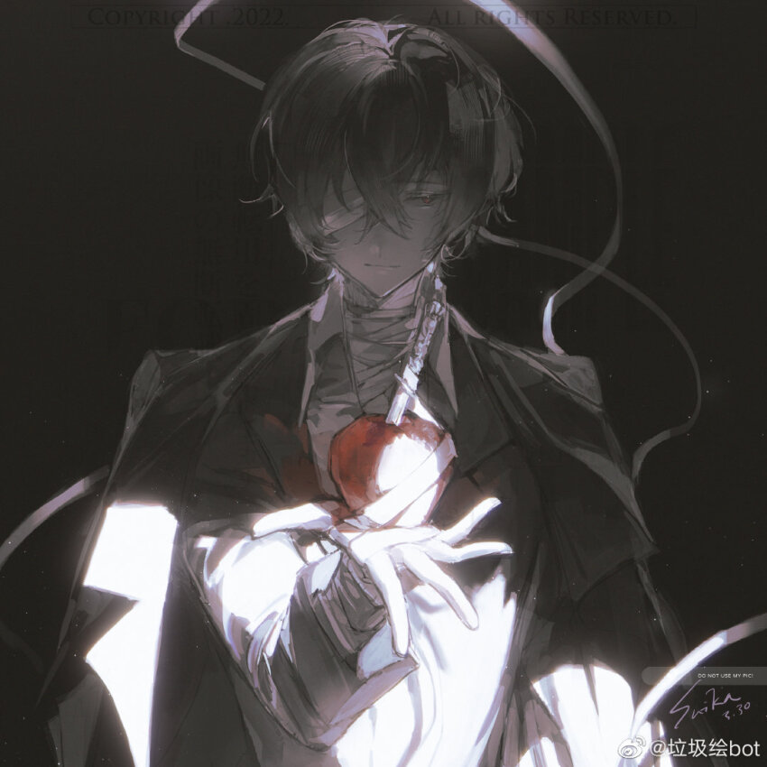 1boy apple bandage_on_neck bandage_over_one_eye bandaged_arm bandages black_background black_hair black_jacket black_sleeves bungou_stray_dogs chinese_commentary closed_mouth coattails collared_jacket collared_shirt commentary_request cui_(jidanhaidaitang) dagger dated dazai_osamu_(bungou_stray_dogs) expressionless food fruit hair_between_eyes holding holding_food jacket knife layered_sleeves long_sleeves looking_to_the_side male_focus one-eyed outstretched_hand red_eyes shirt short_hair signature simple_background solo upper_body watermark weapon weibo_logo weibo_watermark white_shirt