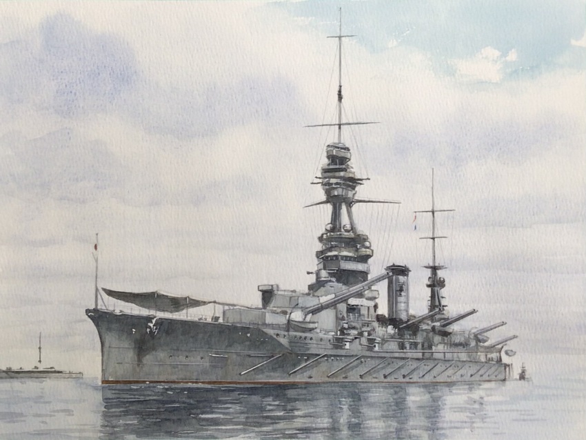 aiming atelier_bono battleship cannon cloud cloudy_sky hiei_(battleship) highres imperial_japanese_navy military_vehicle no_humans ocean original painting_(medium) ship sky traditional_media vehicle_focus warship watercolor_(medium) watercraft