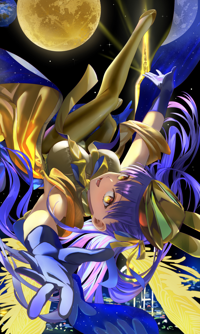 1girl absurdres bb_(fate) breasts fate/grand_order fate_(series) full_body gloves golden_bb_(fate) highres large_breasts leotard long_hair moon mosta_(lo1777789) open_mouth outstretched_arm pantyhose purple_gloves purple_hair ribbon sky smile star_(sky) starry_sky strapless strapless_leotard yellow_eyes yellow_footwear yellow_leotard yellow_pantyhose yellow_ribbon