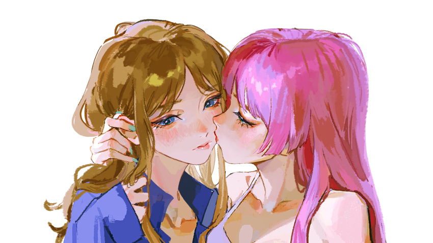 2girls bang_dream! bang_dream!_it&#039;s_mygo!!!!! blue_eyes blue_nails blue_shirt brown_hair chihaya_anon chinese_commentary citruz_29 closed_mouth commentary_request grey_eyes highres kiss kissing_cheek long_hair multiple_girls nagasaki_soyo pink_hair shirt simple_background sleeves_past_wrists sports_bra white_background white_sports_bra yuri