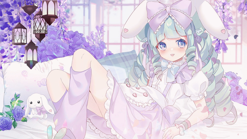 1girl amafuyu animal_ears apron arm_support blue_bow blue_bowtie blunt_bangs blush bow bowtie feet_out_of_frame flower frilled_apron frilled_bow frilled_skirt frilled_wrist_cuffs frills green_hair hair_bow hair_ribbon highres indoors knees_up leg_warmers long_hair looking_at_viewer miniskirt miruku_(cutesuu) on_bed open_mouth original pillow pink_ribbon plaid_pillow puffy_short_sleeves puffy_sleeves purple_bow purple_eyes purple_flower purple_leg_warmers purple_petals purple_skirt rabbit_ears reclining ribbon ringlets shirt short_sleeves sitting skirt smile solo stuffed_animal stuffed_toy suspender_skirt suspenders tareme very_long_hair white_shirt window wrist_cuffs