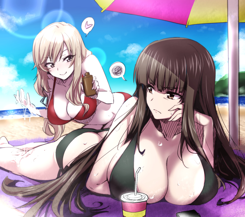&gt;:( 2girls applying_sunscreen ass bags_under_eyes beach beach_umbrella bikini black_bikini black_hair blue_sky blunt_bangs blush breasts brown_eyes butt_crack cellphone cleavage closed_mouth cloud cloudy_sky collarbone commentary_request day foreshortening frown girls_und_panzer green_eyes grey_hair heart large_breasts long_hair looking_at_another lotion lying mature_female multiple_girls nakahira_guy nishizumi_shiho on_stomach outdoors pale_skin phone red_bikini shimada_chiyo sky smartphone smile spoken_heart spoken_squiggle squiggle sunscreen sweat swimsuit umbrella v-shaped_eyebrows