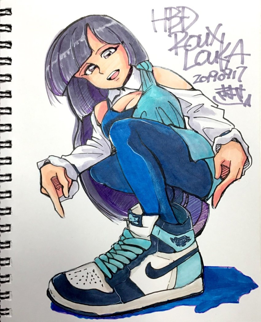 1girl air_jordan air_jordan_1 breasts character_name cleavage dated gundam gundam_zz happy_birthday highres k1y054 marker_(medium) photo_(medium) pointing purple_eyes purple_hair roux_louka shoes sneakers solo squatting traditional_media