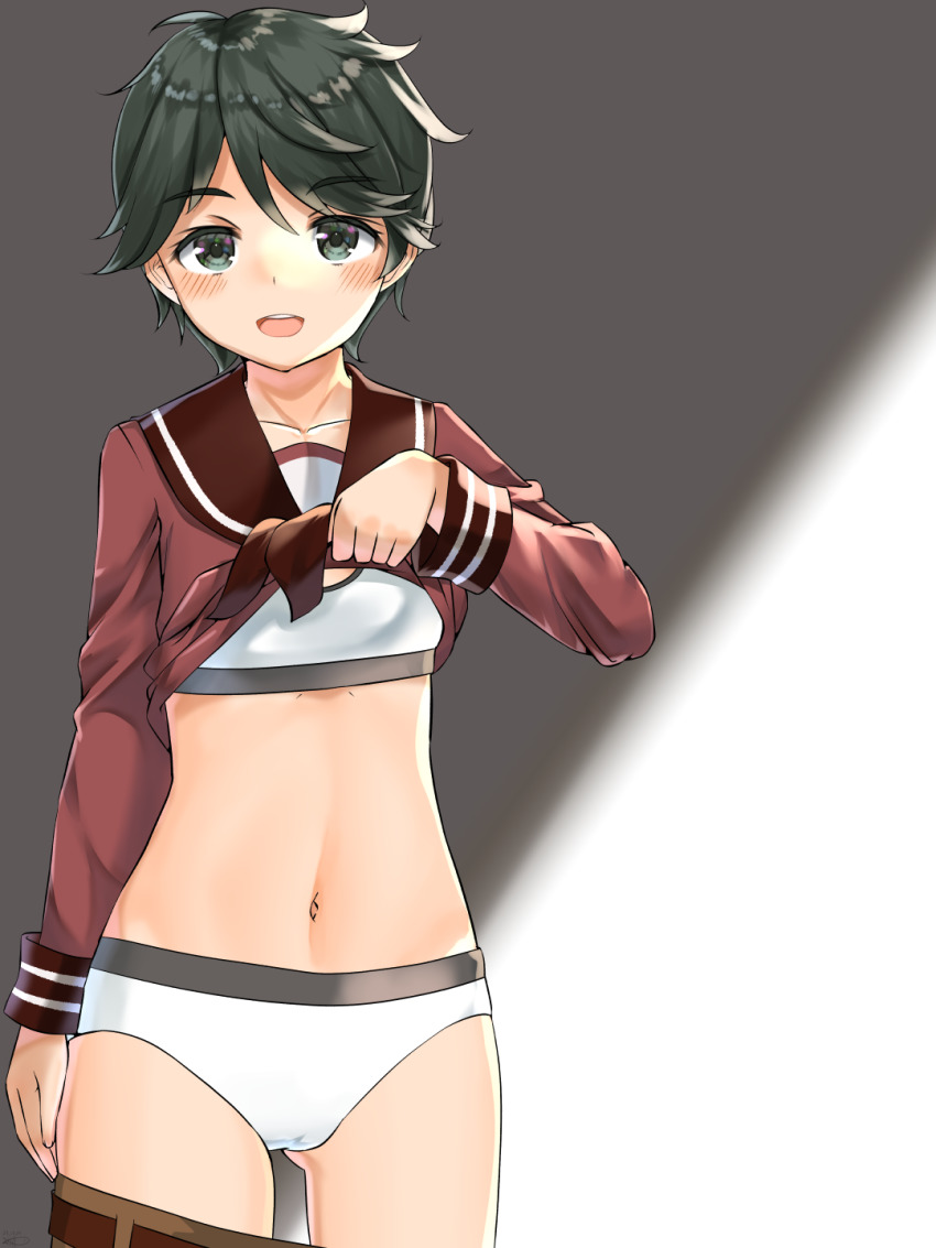 1girl black_eyes black_hair black_trimmed_bra black_trimmed_panties bra breasts brown_serafuku brown_shorts clothes_lift clothes_pull highres kantai_collection lifting_own_clothes long_sleeves makiyuki mogami_(kancolle) navel panties school_uniform serafuku shirt_lift short_hair shorts shorts_pull small_breasts solo sports_bra sports_panties swept_bangs trimmed_bra trimmed_panties underwear white_bra white_panties