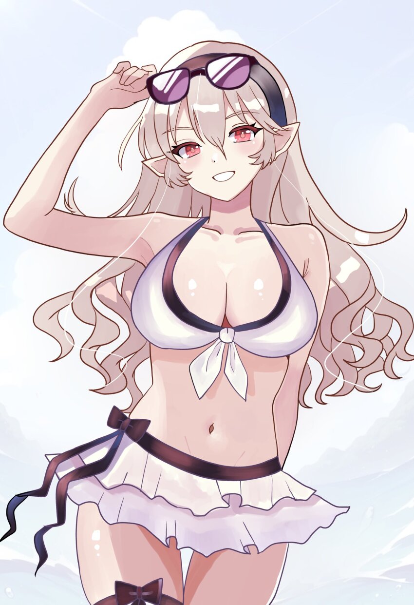 1girl bikini black_bow black_hairband bow breasts cleavage collarbone commentary_request corrin_(female)_(fire_emblem) corrin_(female)_(novice_vacationer)_(fire_emblem) corrin_(fire_emblem) fire_emblem fire_emblem_fates fire_emblem_heroes grey_hair hair_between_eyes hairband halterneck highres large_breasts long_hair looking_at_viewer loose_hair_strand n_54 navel nintendo official_alternate_costume pointy_ears purple-tinted_eyewear red_eyes red_pupils smile solo standing sunglasses swimsuit tinted_eyewear wavy_hair white_bikini