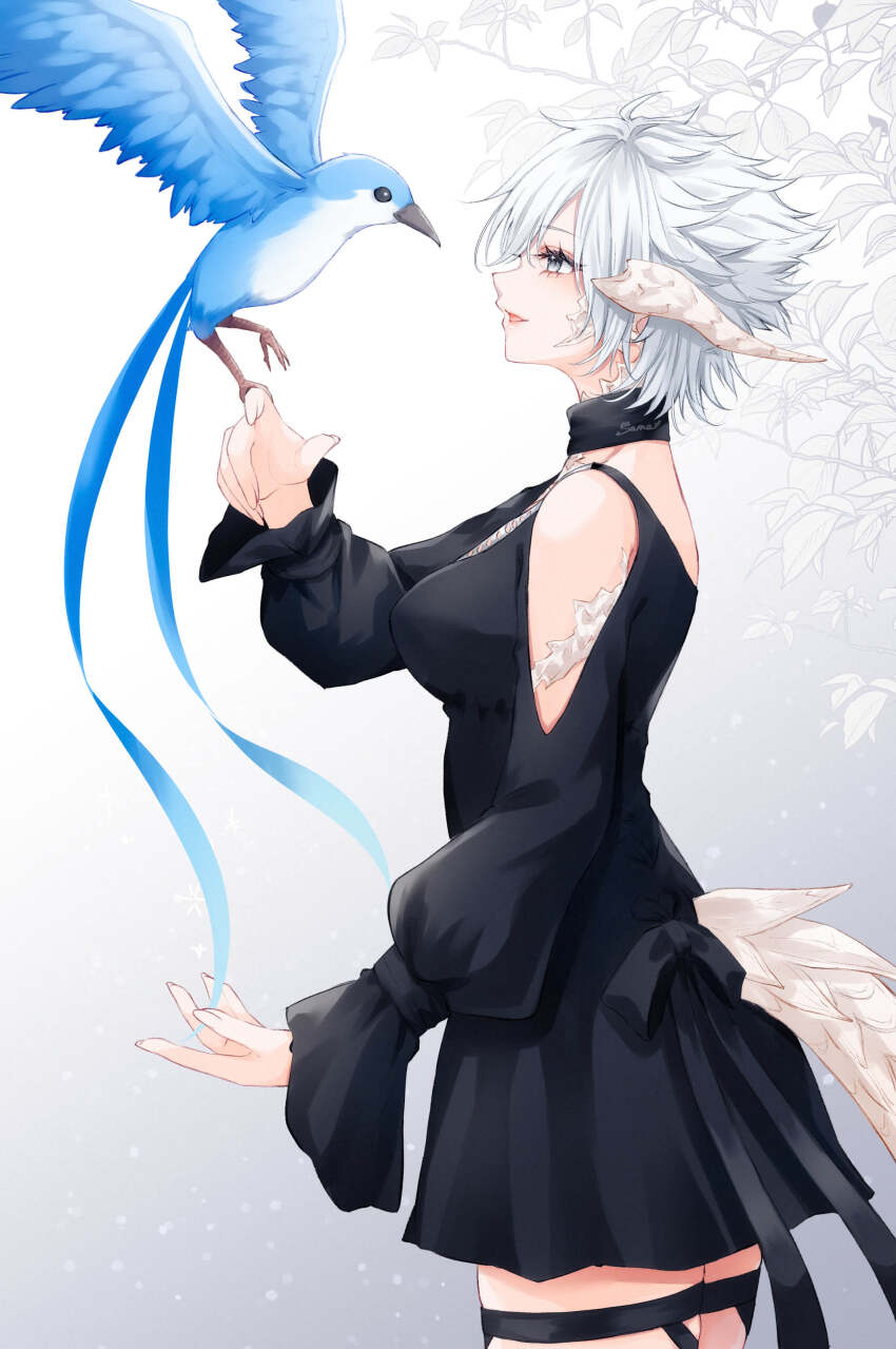 1girl absurdres artist_name au_ra bare_shoulders bird bird_on_hand black_dress clothing_cutout dragon_girl dragon_horns dragon_tail dress final_fantasy final_fantasy_xiv grey_eyes grey_hair highres horns sana_(sanamaru_0w0) scales short_hair shoulder_cutout tail tail_through_clothes warrior_of_light_(ff14)