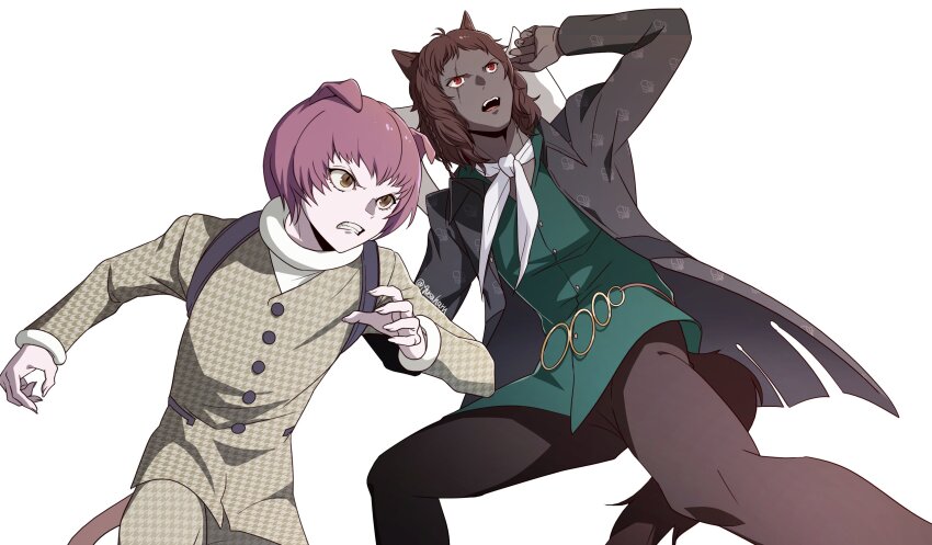 2boys absurdres animal_ears arm_up axe basilio_(metaphor:_refantazio) black_pants brothers brown_hair buttons clenched_teeth coat collared_shirt dark-skinned_male dark_skin fidelio_(metaphor:_refantazio) fingernails folded_ear green_shirt hair_between_eyes highres houndstooth igusaharu long_sleeves male_focus medium_hair metaphor:_refantazio multiple_boys neckerchief open_collar pants patterned_clothing purple_hair red_eyes scar scar_across_eye scar_on_face sharp_fingernails shirt siblings simple_background sleeve_cuffs slit_pupils tail teeth turtleneck twitter_username wavy_hair weapon weapon_on_back white_background white_neckerchief white_shirt yellow_eyes