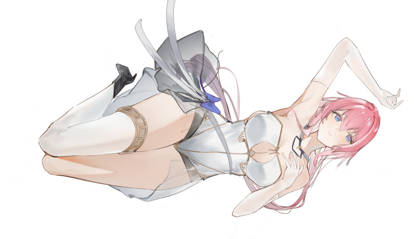 1girl absurdres armpits bare_shoulders blue_bow blue_eyes bow breasts chinese_commentary detached_sleeves dress flantia full_body highres leotard light_blush light_smile long_hair looking_at_viewer lying multicolored_eyes on_back original pink_eyes pink_hair simple_background single_thighhigh solo thighhighs thighs white_background white_dress white_leotard white_thighhighs