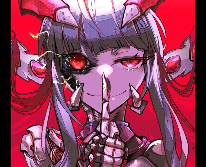 1girl android artificial_eye black_hair cyborg damaged electricity evil_smile finger_to_mouth highres horns mechanical_arms mechanical_ears mechanical_eye mechanical_hands mechanical_horns mechabare original panda=hiro pointing pointing_up red_background red_eyes shushing simple_background single_mechanical_eye smile