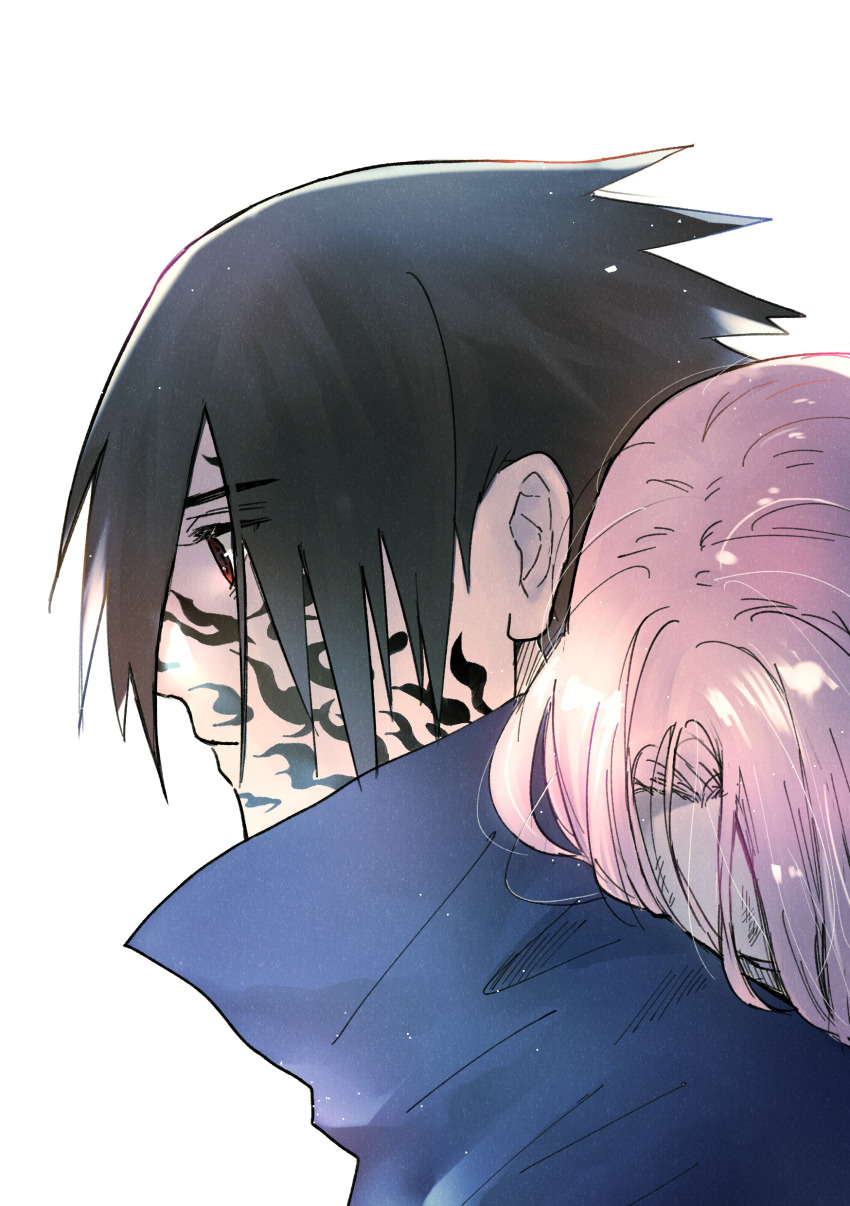 1boy 1girl absurdres black_hair carrying commentary_request expressionless facial_mark from_side haruno_sakura highres naruto naruto_(series) nyafurbl piggyback pink_hair red_eyes uchiha_sasuke