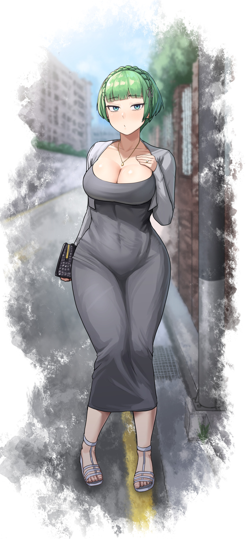 1girl absurdres bag blue_eyes breasts cleavage collarbone commission curvy dress dryseaweed grey_dress grey_hair handbag highres jewelry large_breasts last_origin long_sleeves looking_at_viewer necklace outdoors pixiv_commission ring short_hair solo vanilla_(last_origin) wide_hips