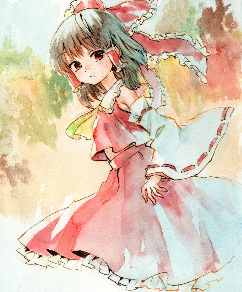 1girl absurdres ama-tou bare_shoulders black_hair detached_sleeves female_focus hair_tubes hakurei_reimu highres japanese_clothes looking_at_viewer miko painting_(medium) red_eyes solo touhou traditional_media watercolor_(medium)