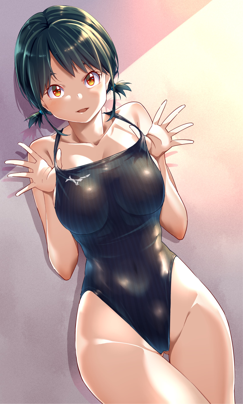 1girl absurdres black_hair black_one-piece_swimsuit breasts brown_eyes clothes_pull commentary_request competition_swimsuit covered_navel gluteal_fold highleg highleg_one-piece_swimsuit highres low_twintails medium_breasts mendou_saya one-piece_swimsuit one-piece_swimsuit_pull original short_hair solo swimsuit thigh_gap twintails