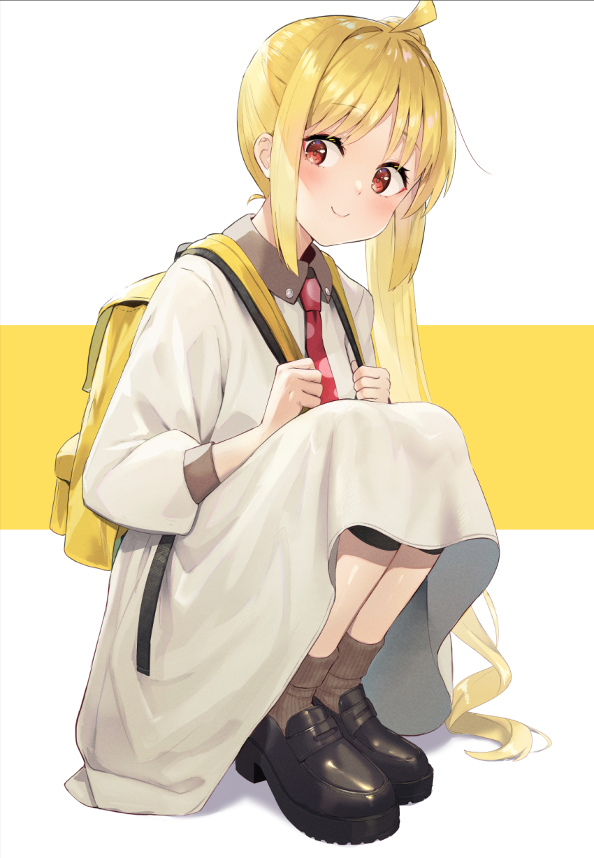 1girl antenna_hair backpack bag blonde_hair bocchi_the_rock bocchi_the_rock! closed_eyes dress ijichi_nijika isegawa_yasutaka long_hair looking_at_viewer necktie red_hair shoes side_ponytail simple_background smile solo squatting twitter white_background yellow_background