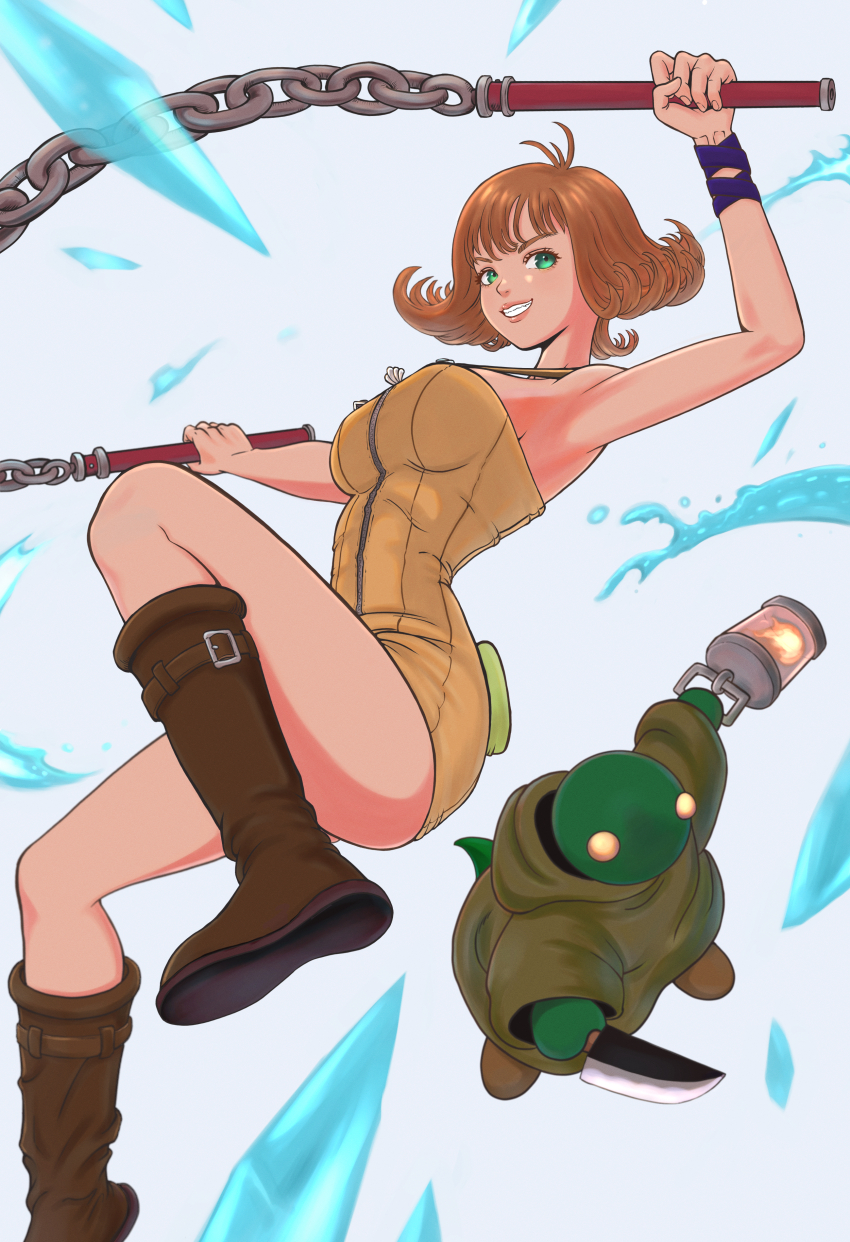 1girl absurdres armpits blunt_bangs boots breasts brown_footwear brown_hair colored_skin commentary final_fantasy final_fantasy_viii green_eyes green_skin grin highres holding holding_knife holding_lamp holding_nunchaku holding_weapon knee_boots knife large_breasts looking_at_viewer nunchaku overalls selphie_tilmitt short_hair shyiek_art smile tight_clothes tonberry weapon yellow_overalls