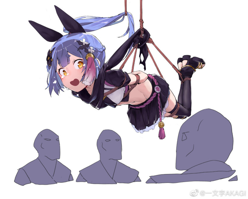 1girl arms_behind_back azusa_(vtuber) azusa_official bdsm black_skirt black_thighhighs blue_hair bondage bound bound_arms braid breasts crop_top gloves hair_ornament hogtie long_hair midriff miniskirt multiple_boys multiple_others navel nijisanji ninja open_mouth ponytail restrained rope scarf shibari simple_background skirt small_breasts solo_focus suspension tearing_up tears thighhighs virtual_youtuber virtuareal weibo_6065089165 weibo_logo weibo_username white_background yellow_eyes