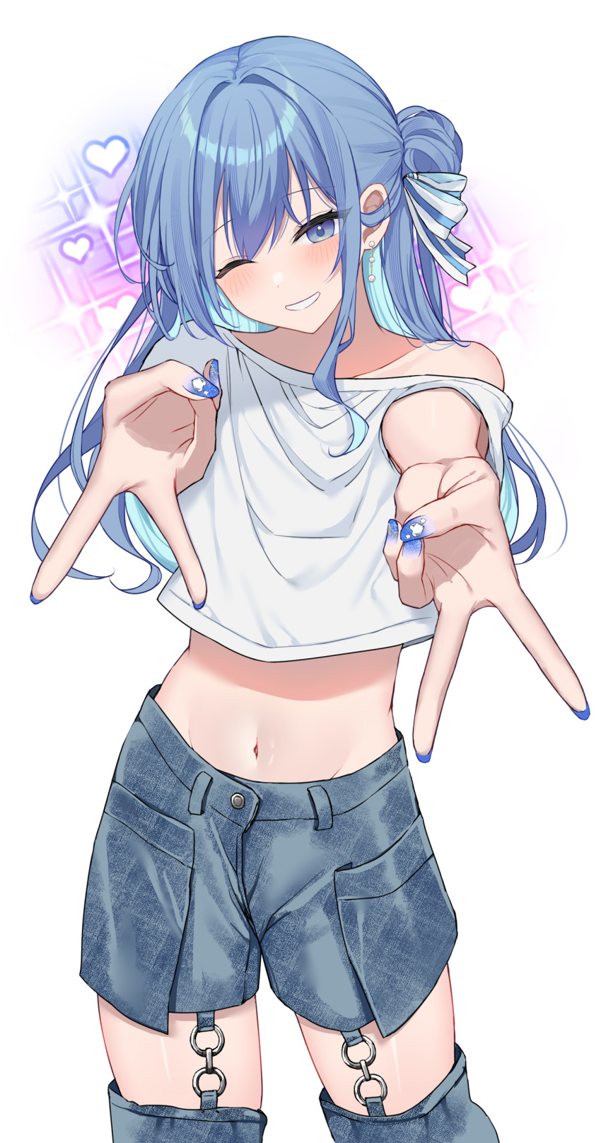 1girl absurdres alternate_costume blue_eyes blue_hair blue_nails blue_pants commentary_request cropped_shirt denim detached_pants double_v hair_bun hair_ribbon highres hololive hoshimachi_suisei kohaku_(csacu) long_hair navel o-ring one_eye_closed pants ribbon shirt simple_background single_hair_bun single_off_shoulder smile solo v virtual_youtuber white_background white_ribbon white_shirt