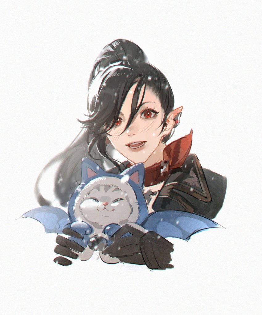 1girl absurdres animal bat_costume black_gloves black_hair cat chinese_commentary collar commentary_request cropped_shoulders earclip final_fantasy final_fantasy_xiv gloves grey_background high_ponytail highres hilda_ware holding holding_animal holding_cat jewelry long_hair looking_at_viewer necklace open_mouth pointy_ears portrait red_collar red_eyes shuangbatian simple_background smile snowing solo swept_bangs