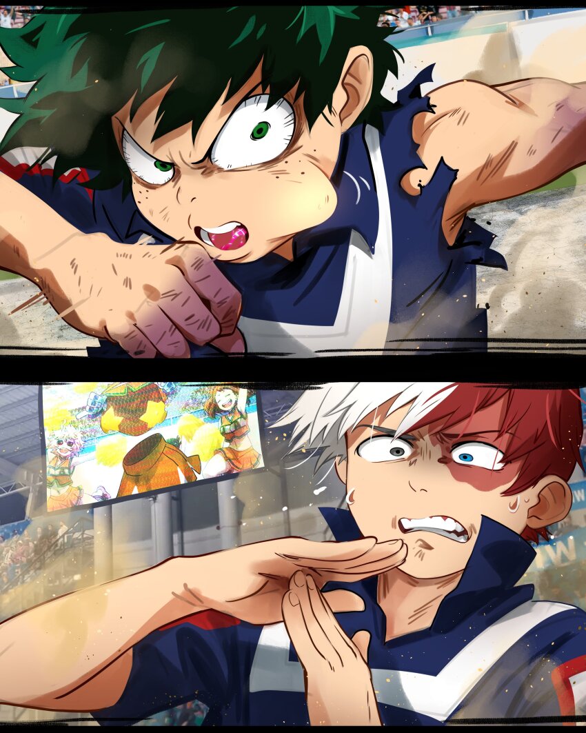 2boys 3girls absurdres ashido_mina bare_shoulders boku_no_hero_academia breasts brown_hair cheerleader clothes_lift crop_top fellatio_gesture flashing freckles green_eyes green_hair hagakure_toru highres invisible khyle. large_breasts looking_at_viewer male_focus midoriya_izuku multiple_boys multiple_girls open_mouth orange_shirt orange_skirt pom_pom_(cheerleading) shirt shirt_lift short_hair skirt smile spiked_hair todoroki_shoto u.a._cheerleader_uniform u.a._gym_uniform uraraka_ochako yaoi