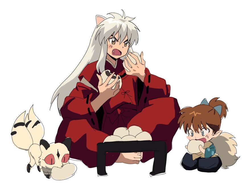 2boys animal_ears betti_(xx_betti) brown_hair colored_sclera dog_ears eating food food_in_mouth fox_tail full_body highres holding holding_food inuyasha inuyasha_(character) japanese_clothes kimono kirara_(inuyasha) long_hair long_sleeves male_focus multiple_boys open_mouth pointy_ears red_kimono red_sclera shippou_(inuyasha) sitting table tail white_background white_fur white_hair wide_sleeves yellow_eyes