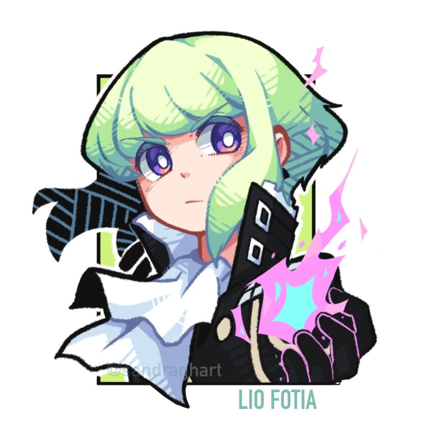 1boy androgynous ascot asymmetrical_hair black_gloves black_jacket character_name close-up fire gloves green_hair highres jacket lio_fotia male_focus pink_fire promare purple_eyes purple_fire pyrokinesis sandragh short_hair sidecut simple_background solo undercut watermark white_background