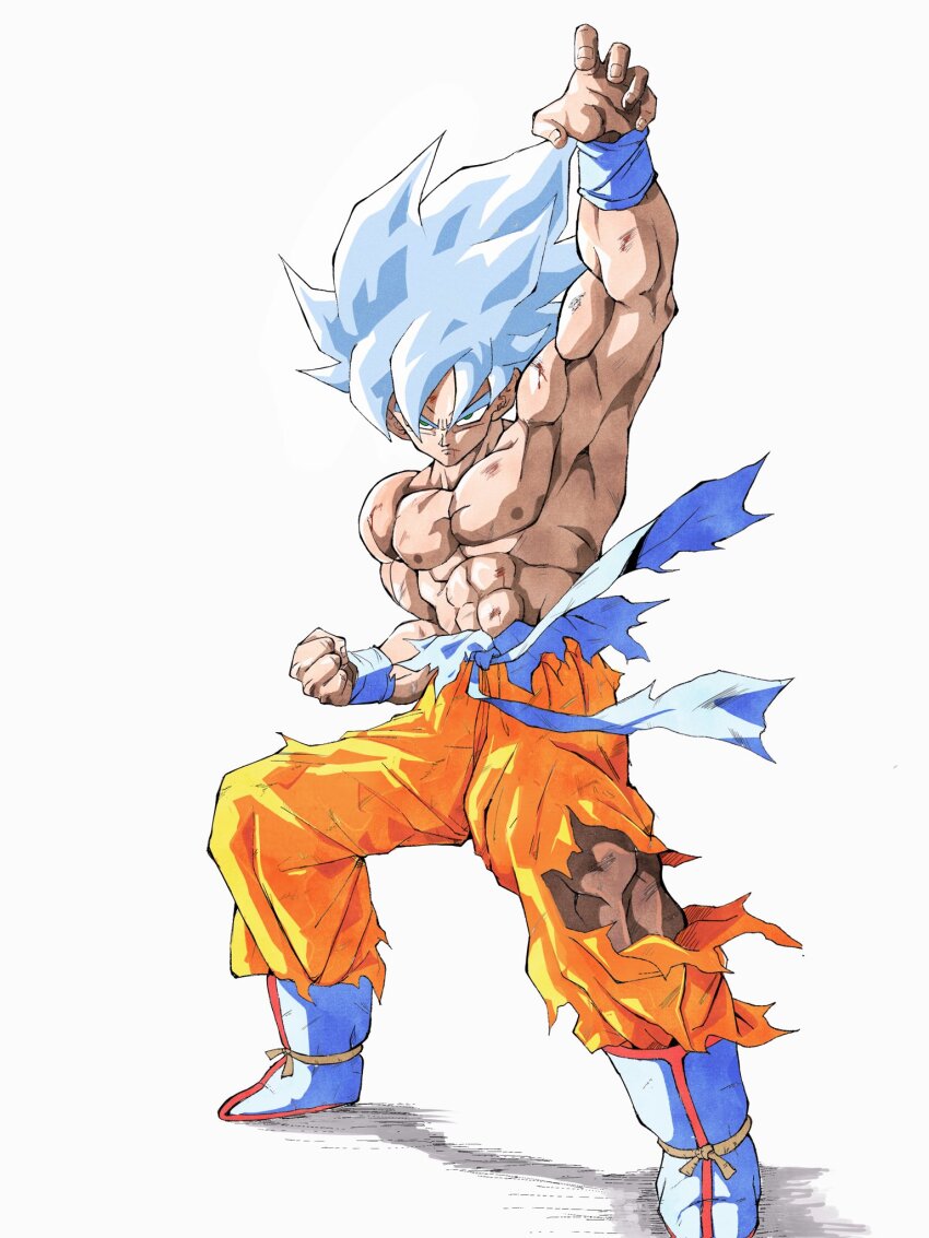 1boy abs blue_eyes blue_footwear blue_hair boots dragon_ball dragonball_z fighting_stance full_body highres male_focus medium_hair muscular muscular_male orange_pants pants pato007711 simple_background solo son_goku spiked_hair super_saiyan super_saiyan_blue torn_clothes torn_pants white_background