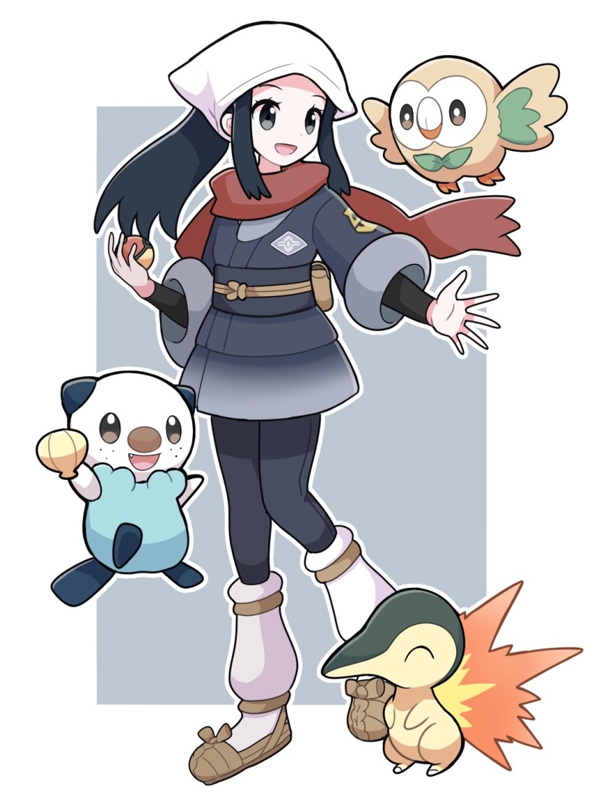 1girl akari_(pokemon) blue_hair closed_eyes creatures_(company) cyndaquil fire game_freak gen_2_pokemon gen_5_pokemon gen_7_pokemon h_k225 highres holding nintendo open_mouth oshawott poke_ball pokemon pokemon_(creature) pokemon_legends:_arceus ponytail rowlet scarf seashell shell smile wings