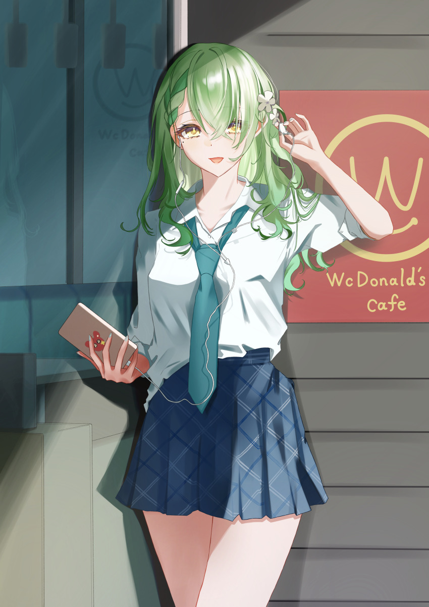 1girl absurdres alternate_costume blue_necktie blue_skirt bungo_nosuke cellphone ceres_fauna commentary_request crossed_bangs dress_shirt earbuds earphones flower green_hair hair_flower hair_ornament highres holding holding_phone hololive hololive_english humanization long_hair looking_at_viewer loose_necktie mole mole_under_eye necktie open_mouth phone plaid_clothes plaid_skirt removing_earbuds school_uniform shirt skirt solo virtual_youtuber wcdonald&#039;s white_shirt yellow_eyes