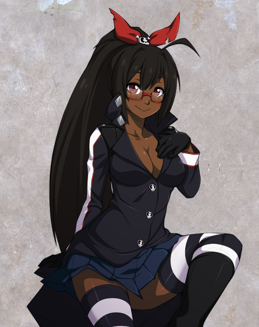 1girl ahoge black_footwear black_gloves black_hair boots borrowed_character breasts chuunioniika cleavage cosplay cyron_tanryoku dark-skinned_female dark_skin fearless_night female_focus glasses gloves hair_ornament hair_ribbon high_collar highres knee_boots large_breasts long_coat long_hair looking_at_viewer no_bra original pleated_skirt poco_muerte red-framed_eyewear red_eyes ribbon semi-rimless_eyewear sitting skirt skull_hair_ornament smile solo striped_clothes striped_thighhighs thighhighs thighs under-rim_eyewear very_dark_skin