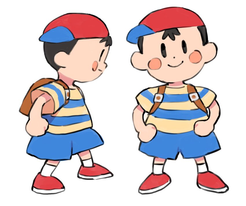 1boy backpack bag baseball_cap black_hair blue_shorts brown_bag full_body gan2 hat highres male_focus mother_(series) mother_2 multiple_views ness_(mother_2) nintendo red_footwear red_hat shirt shorts sideways_hat smile socks solo striped_clothes striped_shirt super_smash_bros. t-shirt white_background white_socks