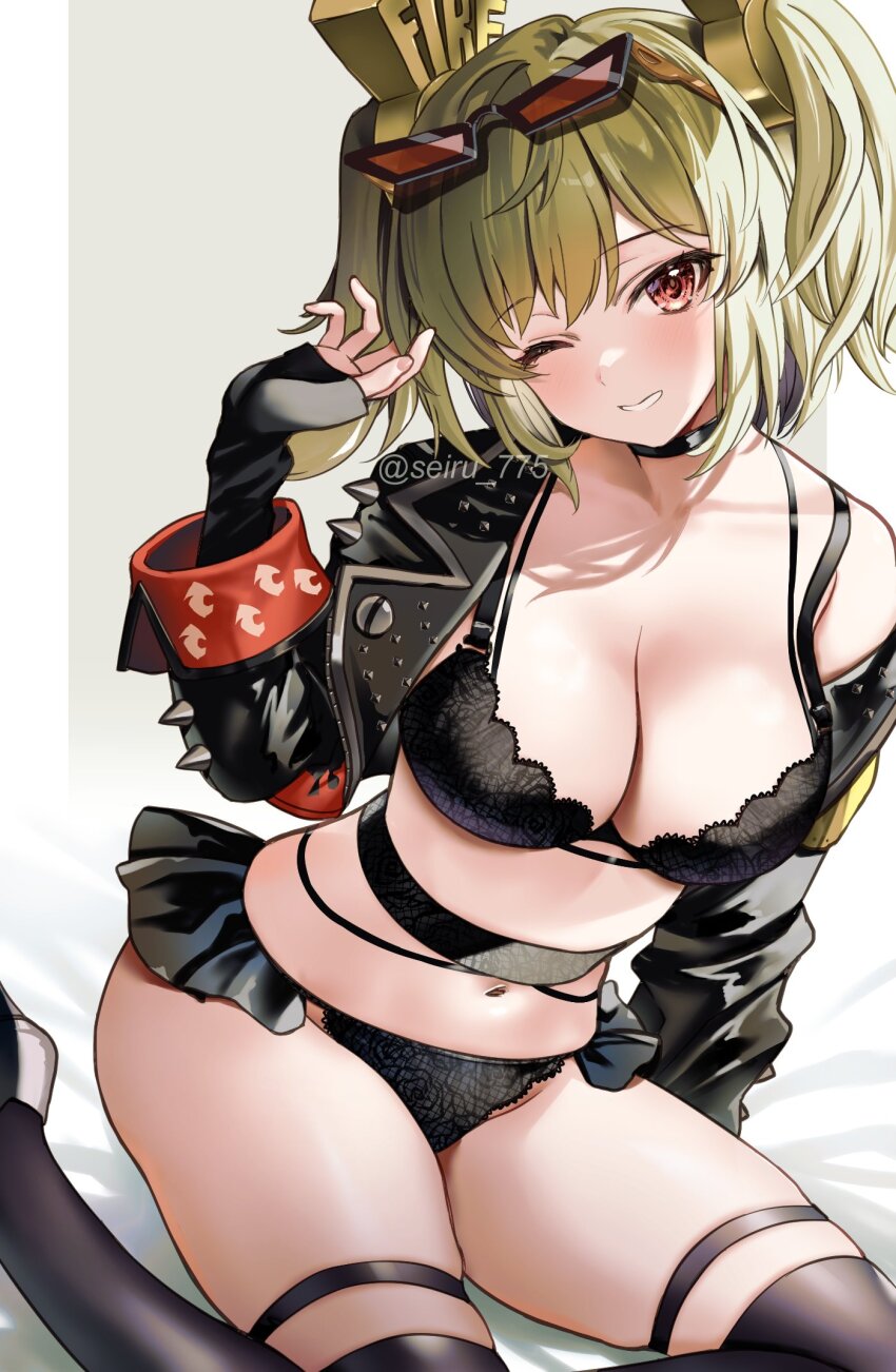 1girl bare_shoulders black_jacket blonde_hair blush breasts burnice_white cleavage highres jacket large_breasts long_sleeves looking_at_viewer medium_hair navel red-tinted_eyewear red_eyes seiru_(prairie) smile solo sunglasses thighhighs tinted_eyewear twintails zenless_zone_zero