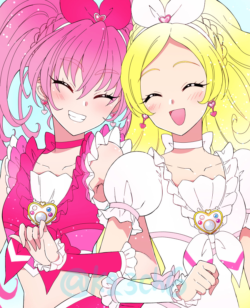 2girls blonde_hair blush braid brooch choker closed_eyes crop_top cure_melody cure_rhythm dress earrings hairband heart heart_earrings high_ponytail houjou_hibiki jewelry kagami_chihiro long_hair magical_girl midriff minamino_kanade multiple_girls open_mouth pink_choker pink_hair pink_shirt pink_skirt precure puffy_short_sleeves puffy_sleeves shirt short_sleeves skirt smile suite_precure twintails twitter_username very_long_hair white_choker white_dress white_hairband wrist_cuffs