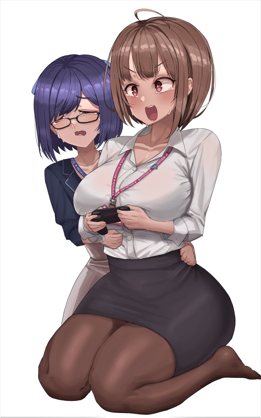 2girls a-chan_(hololive) absurdres ahoge black-framed_eyewear black_pantyhose blue_hair blush bow breasts brown_hair controller game_controller glasses hair_bow harusaki_nodoka highres hololive lanyard medium_breasts multiple_girls office_lady pantyhose pencil_skirt shirt short_hair skirt snot_trail tears tomj virtual_youtuber white_shirt