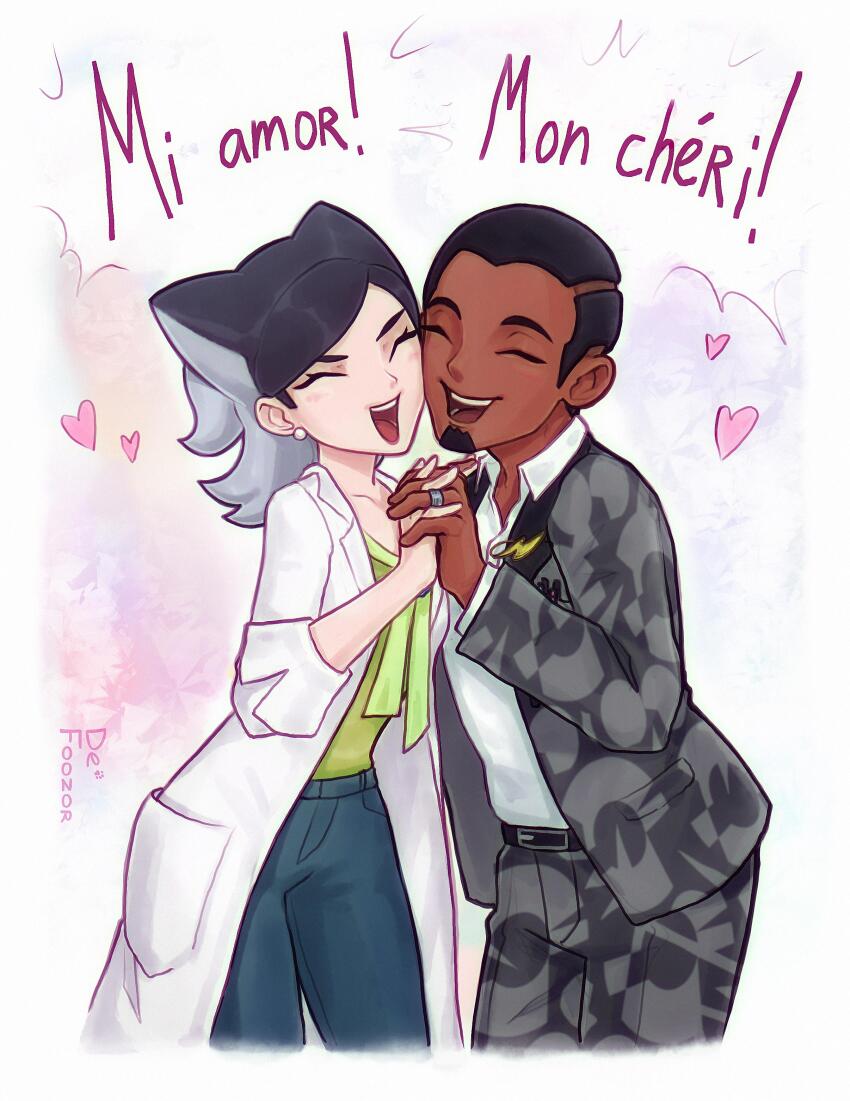 1boy 1girl absurdres artist_name bellis_(pokemon) black_hair cheek-to-cheek closed_eyes collared_shirt creatures_(company) dark-skinned_male dark_skin dirtyfox911911 game_freak grey_hair heads_together heart highres holding_hands interlocked_fingers lab_coat multicolored_hair nintendo pokemon pokemon_masters_ex pokemon_sv salvatore_(pokemon) shirt trait_connection two-tone_hair white_shirt