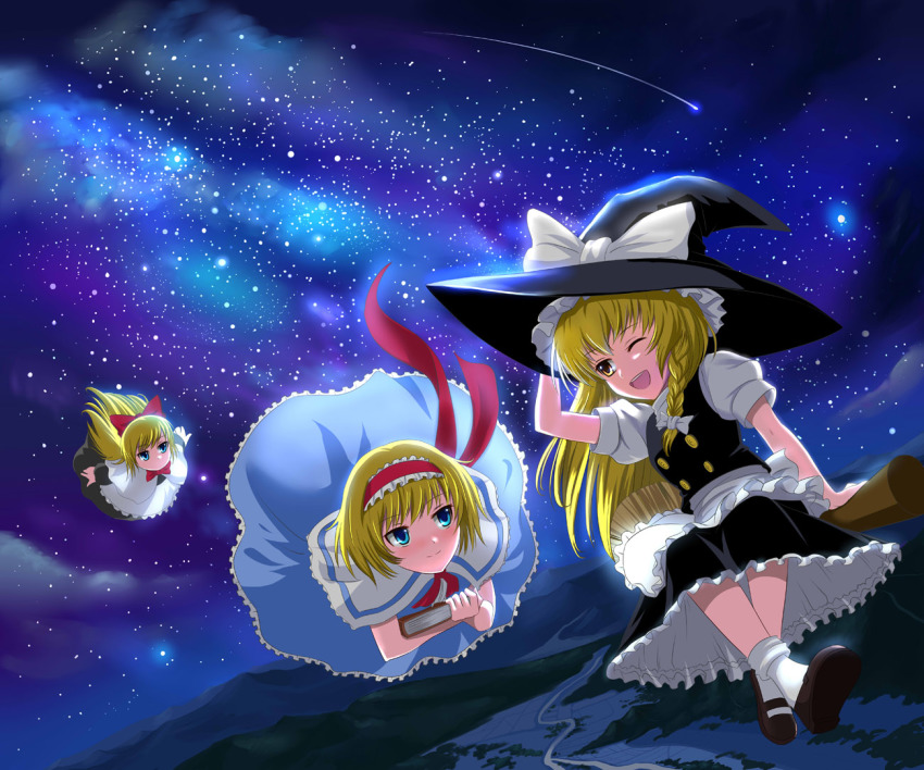 3girls alice_margatroid blonde_hair blue_eyes braid broom doll female_focus gradient_background hairband hat kirisame_marisa multiple_girls outdoors ribbon shanghai_doll short_hair skirt sky touhou windtalker witch witch_hat yellow_eyes