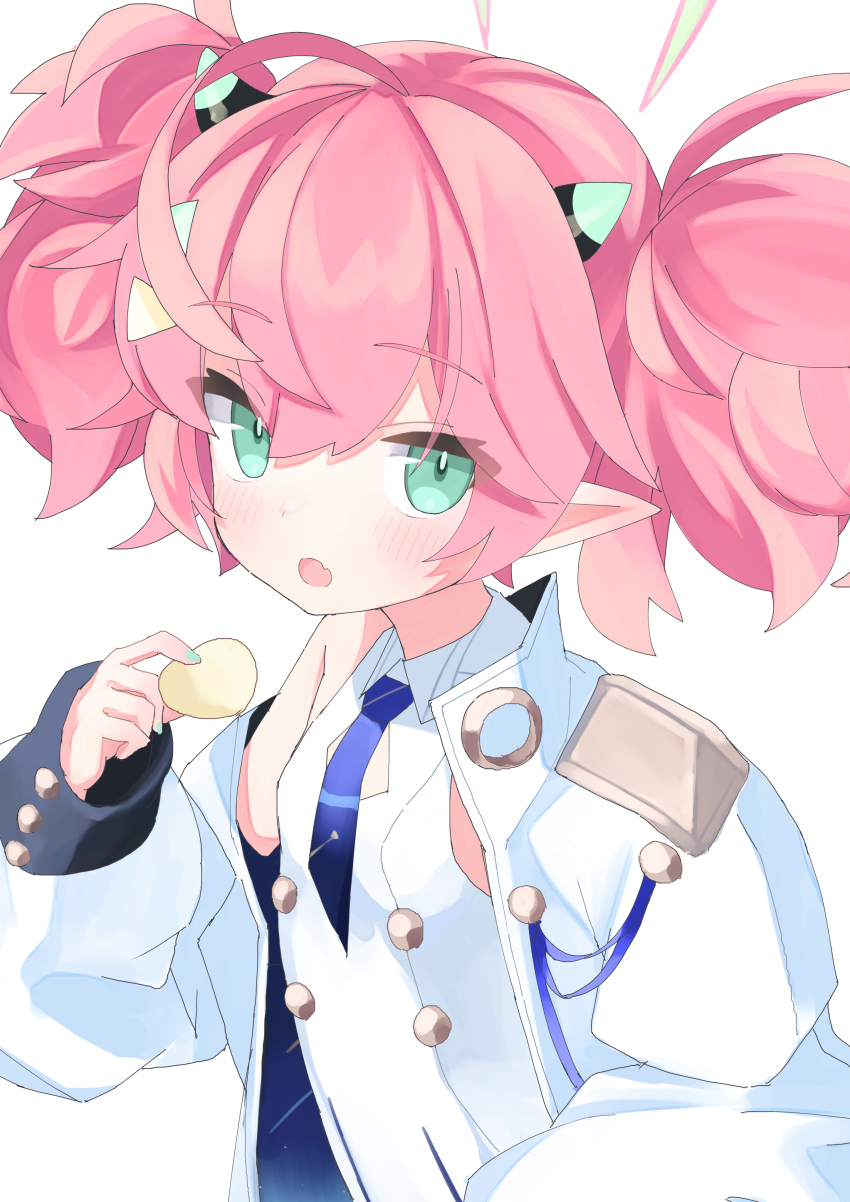 1girl :o absurdres ahoge bare_shoulders blue_archive blue_necktie blush breasts chips_(food) fang food green_eyes hair_ornament halo highres holding horns huge_ahoge jacket jitome light_blush looking_at_viewer medium_hair momoka_(blue_archive) necktie off_shoulder open_mouth pink_hair pointy_ears rotroto skin_fang sleeveless small_breasts solo twintails