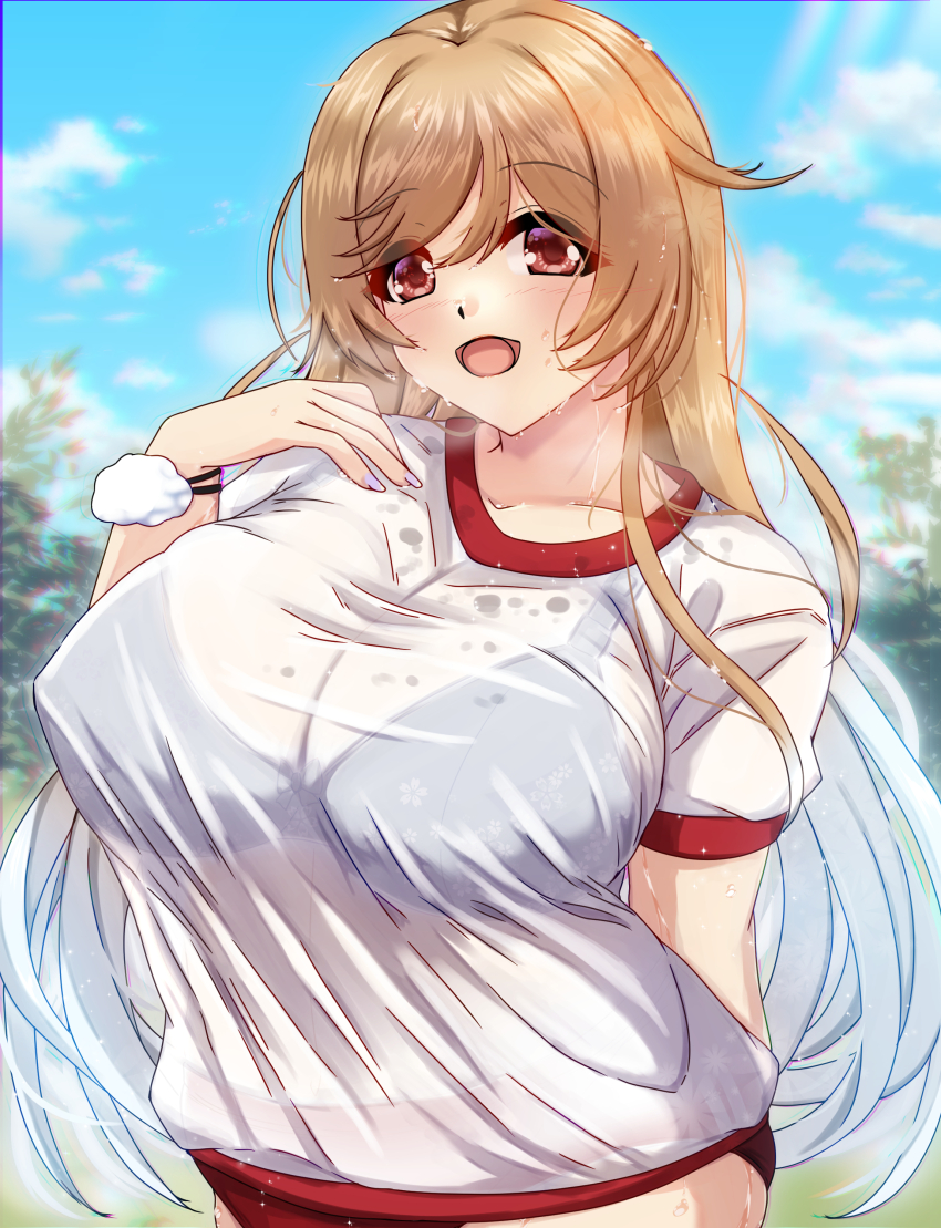 1girl absurdres black_bra blue_hair bra bra_visible_through_clothes breasts brown_eyes brown_hair buruma cleavage cloud collarbone day gradient_hair gym_shirt gym_uniform hair_between_eyes highres kantai_collection large_breasts minegumo_(kancolle) multicolored_hair open_mouth outdoors red_buruma see-through_clothes shigatsu_(soratobuusagi) shirt short_sleeves sidelocks sky smile solo standing tree two-tone_hair underwear wet wet_clothes wet_shirt white_shirt