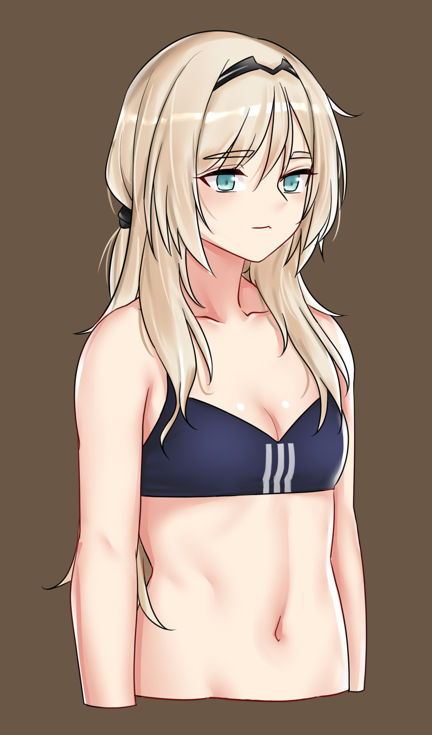 1girl absurdres an-94_(girls&#039;_frontline) black_bra black_hairband blonde_hair blue_eyes bra breasts brown_background cleavage cropped_arms cropped_torso expressionless girls&#039;_frontline hairband highres long_hair navel samyukgoo369 simple_background small_breasts solo underwear