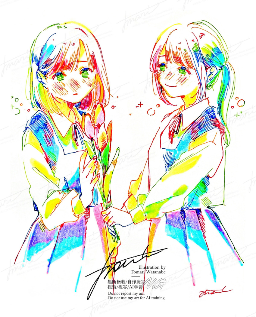 2girls artist_name blush closed_mouth collared_shirt colorful cowboy_shot dress flower giving hatching_(texture) highres holding holding_flower long_hair long_sleeves looking_at_viewer medium_hair multiple_girls neck_ribbon original pinafore_dress pleated_dress ponytail ribbon school_uniform shirt signature simple_background sleeveless sleeveless_dress smile standing tulip watanabe_tomari watermark white_background yuri