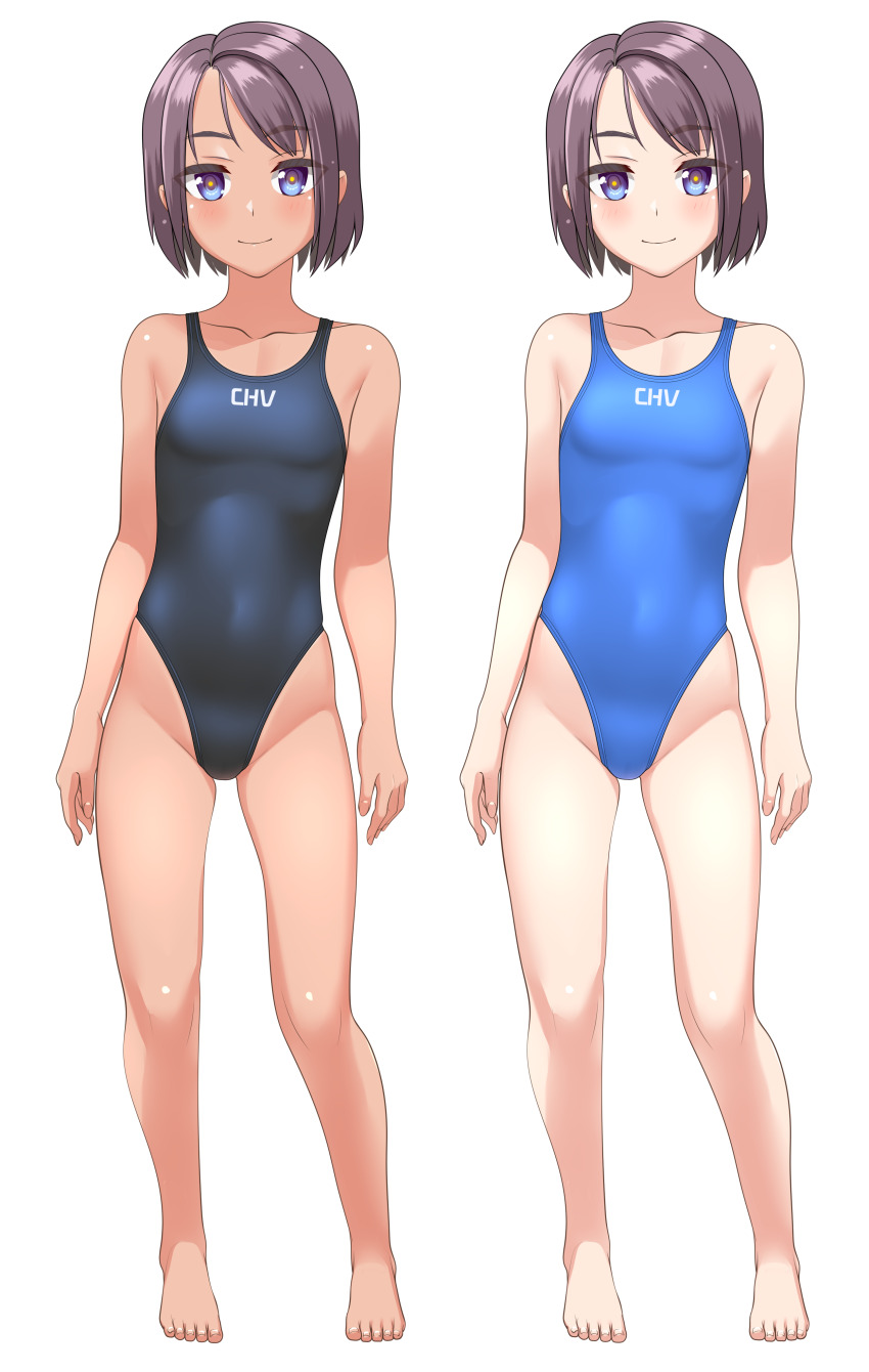 1girl absurdres barefoot black_hair black_one-piece_swimsuit blue_eyes blue_one-piece_swimsuit commentary_request competition_swimsuit covered_navel full_body highleg highleg_one-piece_swimsuit highres multiple_views one-piece_swimsuit original short_hair simple_background standing swimsuit takafumi tan white_background