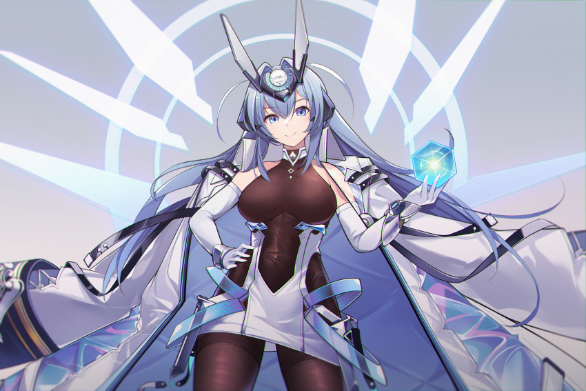 1girl absurdres azur_lane black_leotard black_pantyhose blue_eyes blue_hair breasts coat coat_on_shoulders covered_navel dress elbow_gloves gloves grey_background hair_between_eyes hair_intakes highres huge_filesize large_breasts leotard long_hair looking_at_viewer wisdom_cube_(azur_lane) new_jersey_(azur_lane) pantyhose rabe26k short_dress skin_tight smile solo very_long_hair white_coat white_dress white_gloves