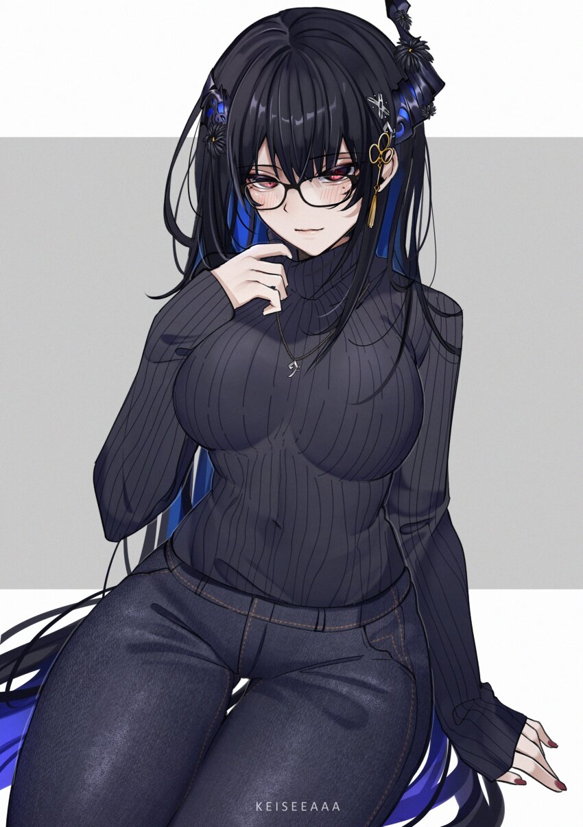 1girl absurdres artist_name asymmetrical_horns bespectacled black_hair breasts casual colored_inner_hair denim glasses highres hololive hololive_english horns jeans jewelry keisea large_breasts long_hair looking_at_viewer mole mole_under_eye multicolored_hair nail_polish necklace nerissa_ravencroft pants red_eyes ribbed_sweater simple_background sitting sleeves_past_wrists solo sweater turtleneck turtleneck_sweater very_long_hair virtual_youtuber