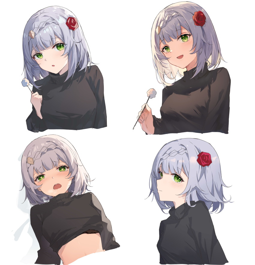 1girl :d absurdres black_sweater blush braid closed_mouth clothes_lift commentary_request flower genshin_impact green_eyes hair_flower hair_ornament heart heart-shaped_pupils highres holding medium_hair mimikaki multiple_views noelle_(genshin_impact) open_mouth parted_lips red_flower red_rose rose silver_hair simple_background smile sweater sweater_lift swimsuit symbol-shaped_pupils upper_body white_background yajuu