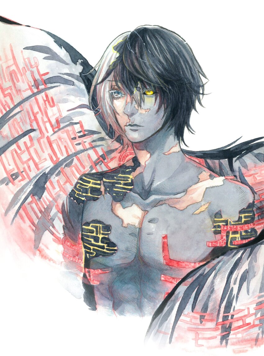 1boy black_hair black_sclera black_wings blue_eyes colored_eyelashes colored_sclera colored_skin commentary commentary_request english_commentary glowing_lines grey_skin highres kyo_okita male_focus mixed-language_commentary multicolored_hair nier nier_(brother) nier_(series) scar shadowlord_(nier) short_hair simple_background solo split-color_hair spoilers two-tone_hair upper_body white_background white_hair wings yellow_eyes