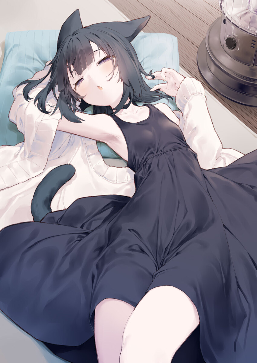 1girl animal_ears arm_behind_head arm_up bare_shoulders black_dress black_hair breasts cat_ears cat_girl cat_tail commentary_request covered_groin dress feet_out_of_frame half-closed_eyes heater highres jacket long_sleeves looking_at_viewer lying off_shoulder on_back open_clothes open_jacket original pillow purple_eyes sleeveless sleeveless_dress small_breasts solo tail tokuno_yuika white_jacket wooden_floor